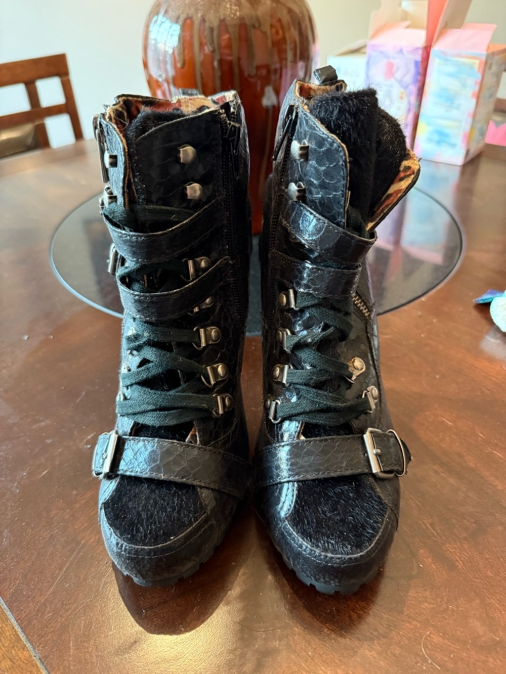 Vintage Women’s Black Lace-Up Buckle Combat Boots